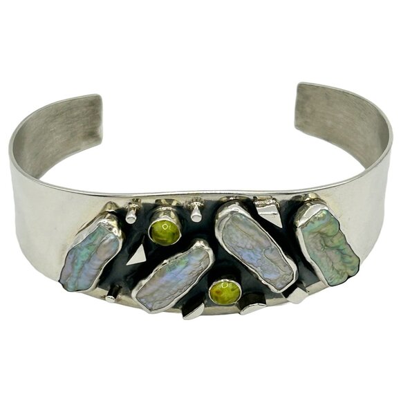 DTR Jay King Mine Finds Sterling Silver Abalone & Green Peridot Cuff Bracelet - Picture 1 of 5